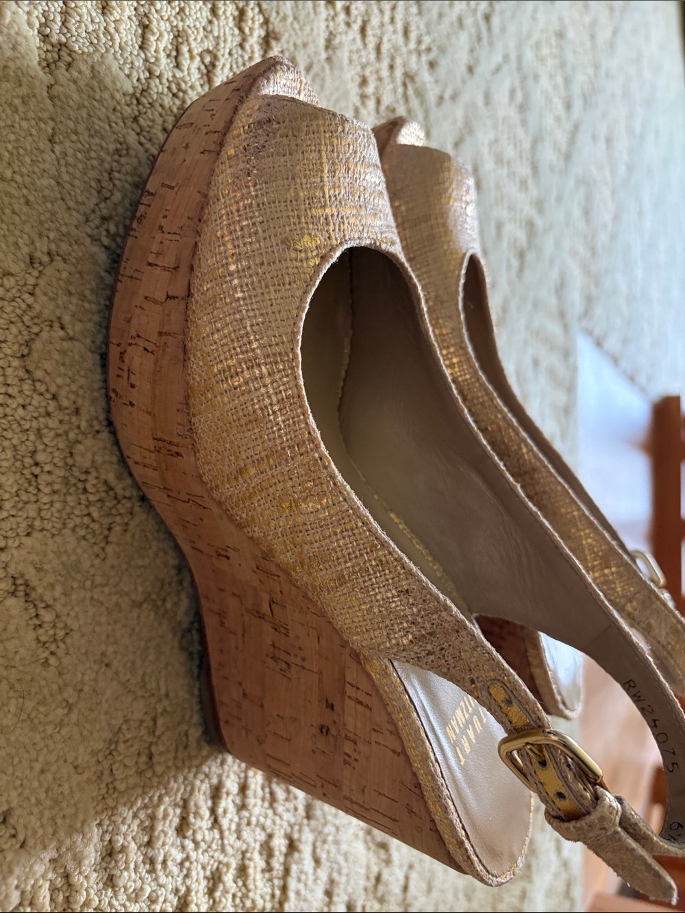 Stuart Weitzman Gold Cork Wedge Slingback Peep-Toe Sandals - Picture 3 of 7